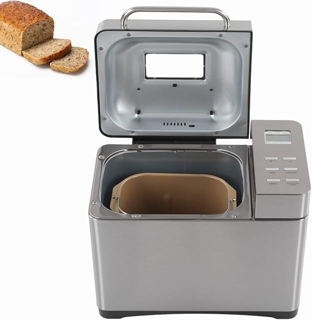 Fewb Bread Maker, Stainless Steel Automatic Breadmaker with 19 Settings Functions, Fruit Nut Dispenser, 500g/750g/1000g Compact Non Stick Dough Bread Maker Machine for Home, 360 Degree Baking(UK)