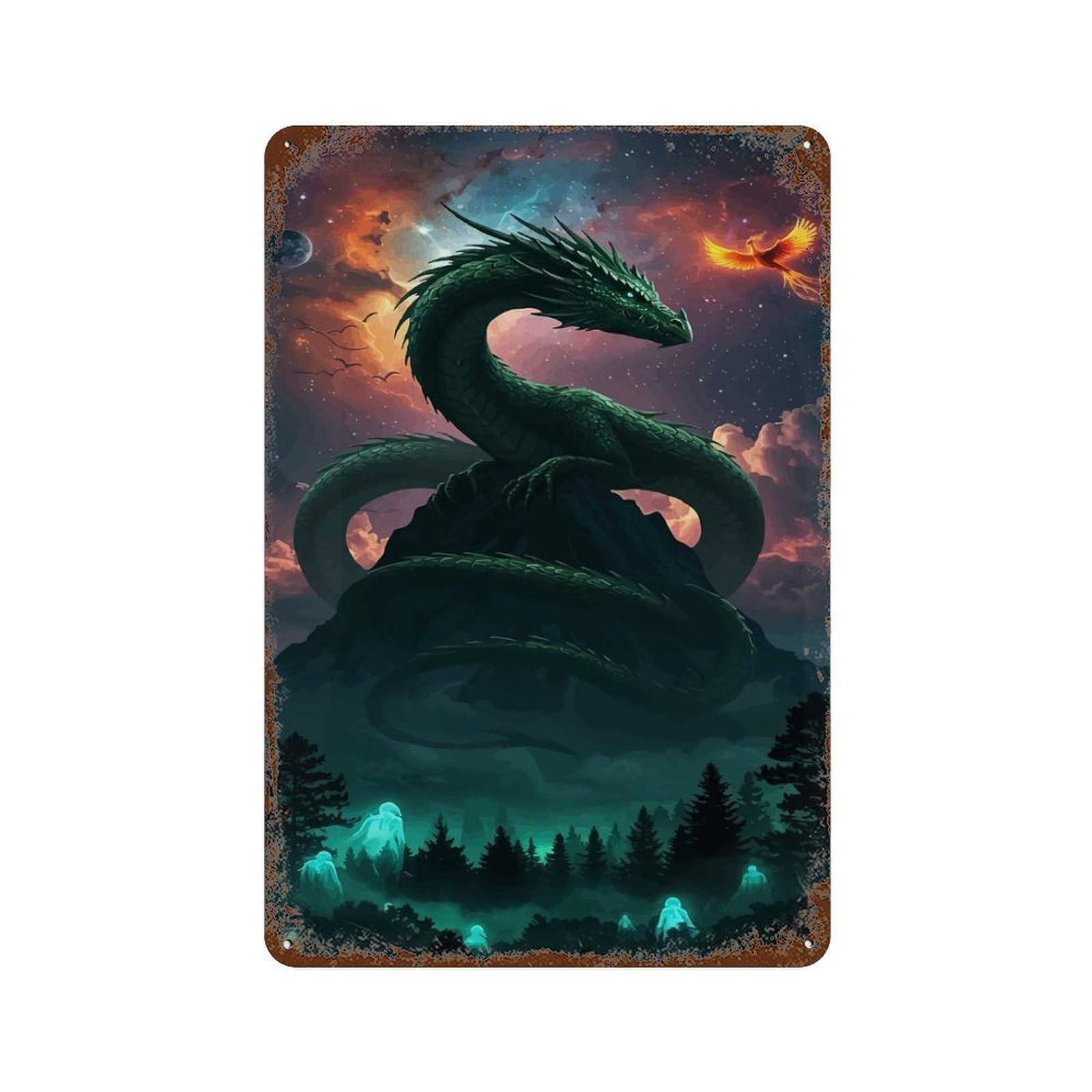 Dragon And Phoenix Fantasy Landscape Decorative Tin Sign 11.8"x7.9", Shabby Chic Decor for Garage, Pub Or Kitchen