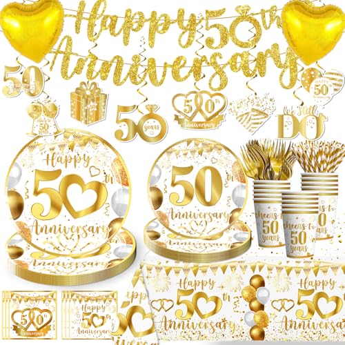 cocomigo 162pc 50th Anniversary Decorations - Tableware Set with Plates, Napkins, Banner, Tablecloth, Balloons - Serves 25 White Gold