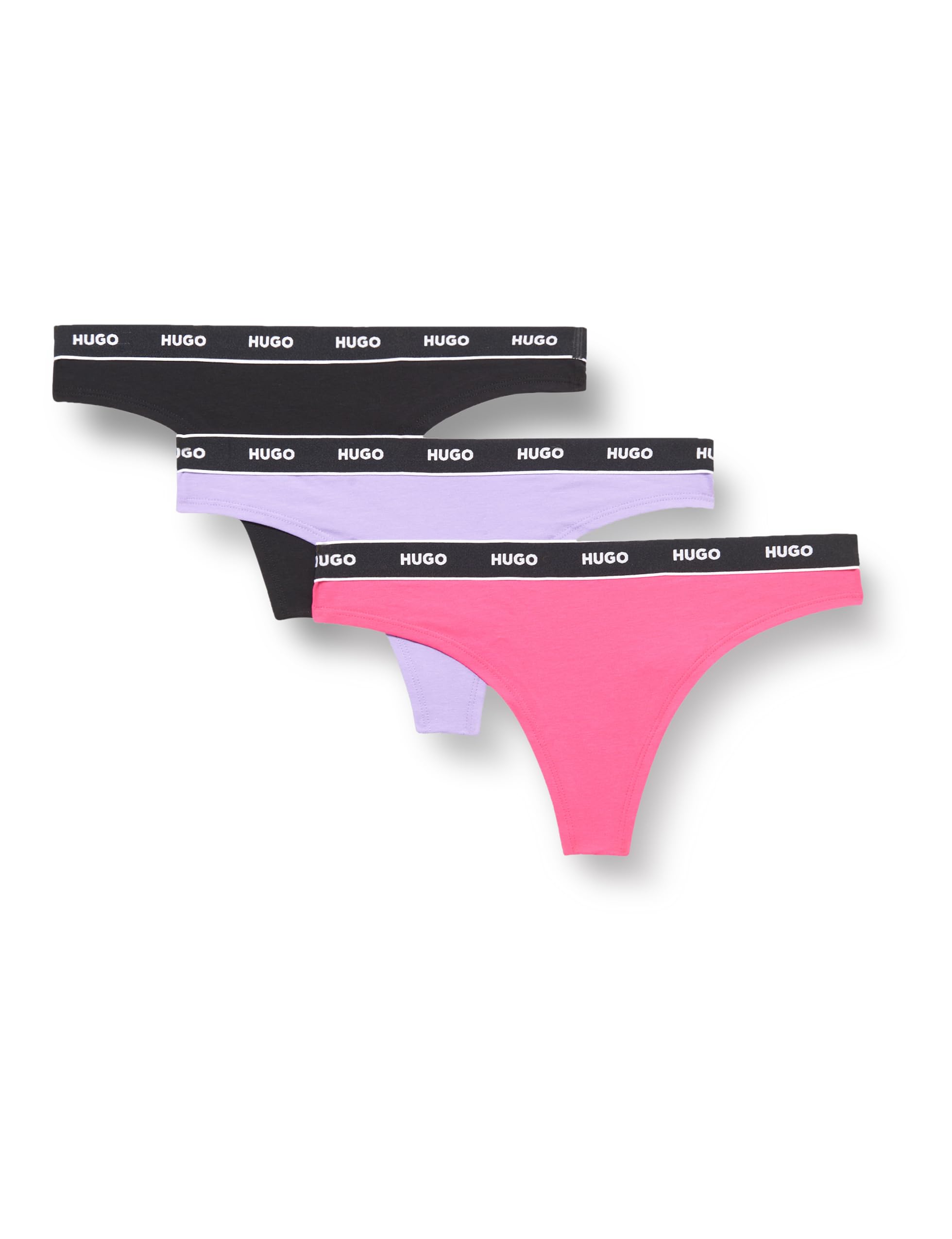 HUGO Women's 3-pack Repeat Logo Cotton Stretch Thongs, Watermelon Pink/Purple Basil/Black, XS