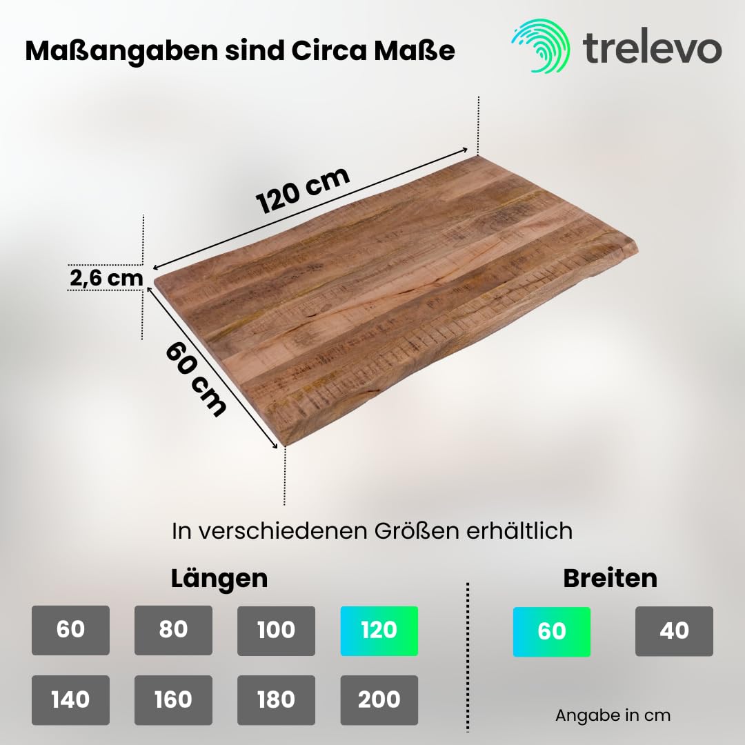 Holzplatte 120x60 cm Mangoholz massiv Baumkante Waschtisch