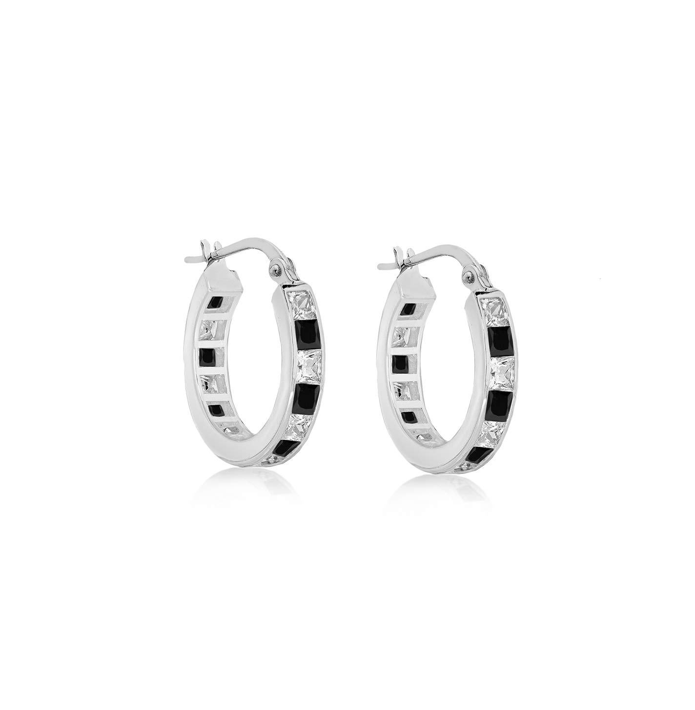 Orecchini A Cerchio Da ø 15 Mm Con 5 Zirconi Bianchi E Chiusura A Scattino Placcati Oro Bianco In Argento 925