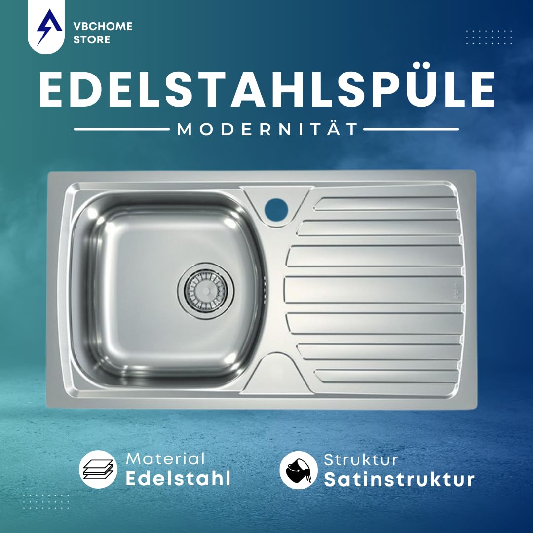 VBChome: Fregadero empotrable, 780 x 435 mm, estructura satén, Alveus Basic, 170 fregaderos de acero inoxidable, escurridor, para camping, fregadero de cocina y desagüe fi141
