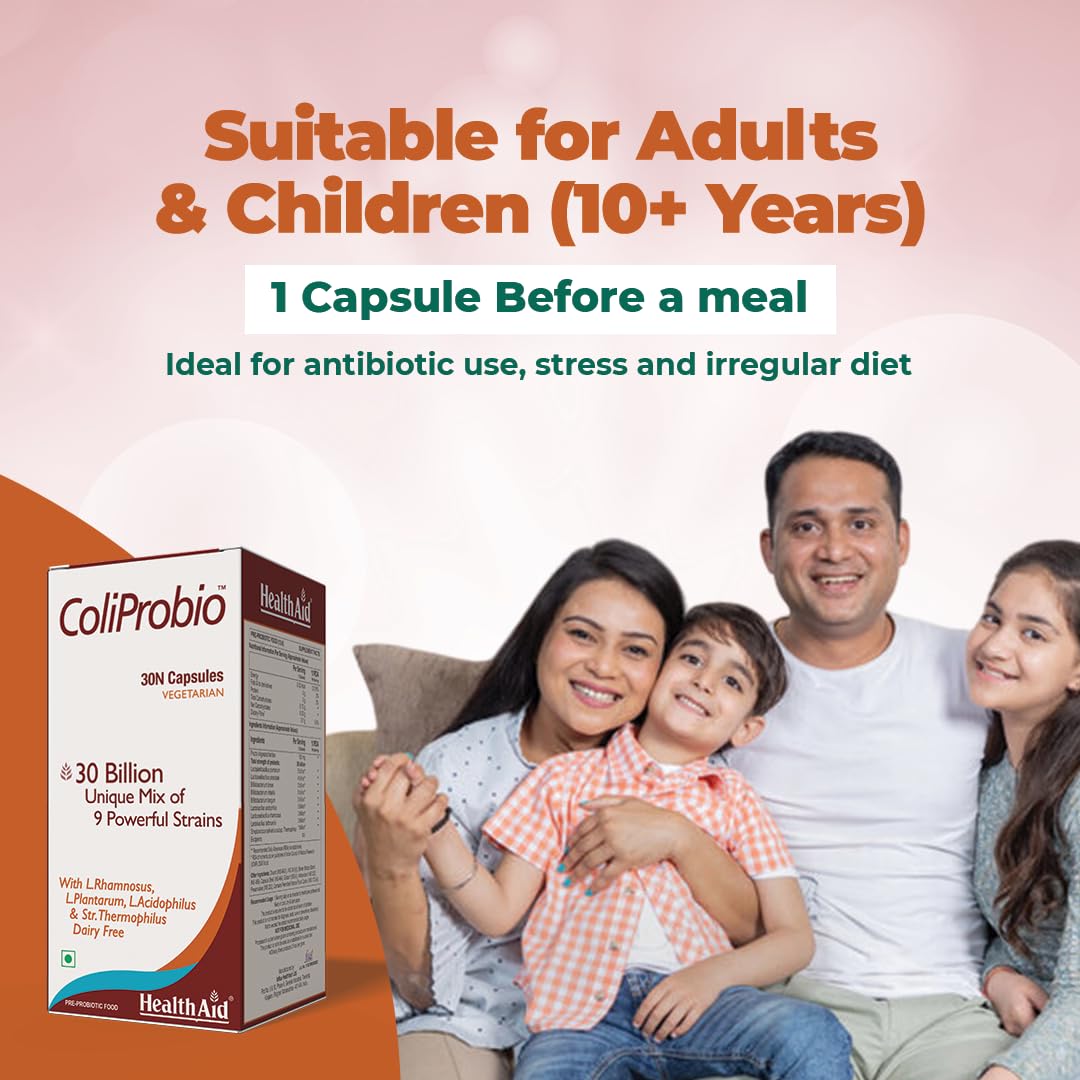 HealthAid ColiProbio Probiotic Supplement | 9 Strains, 30 Vegetarian Capsules | Gut Health, Digestive Support, Nutrient Absorption & Immunity Booster - Image 7 thumbnail