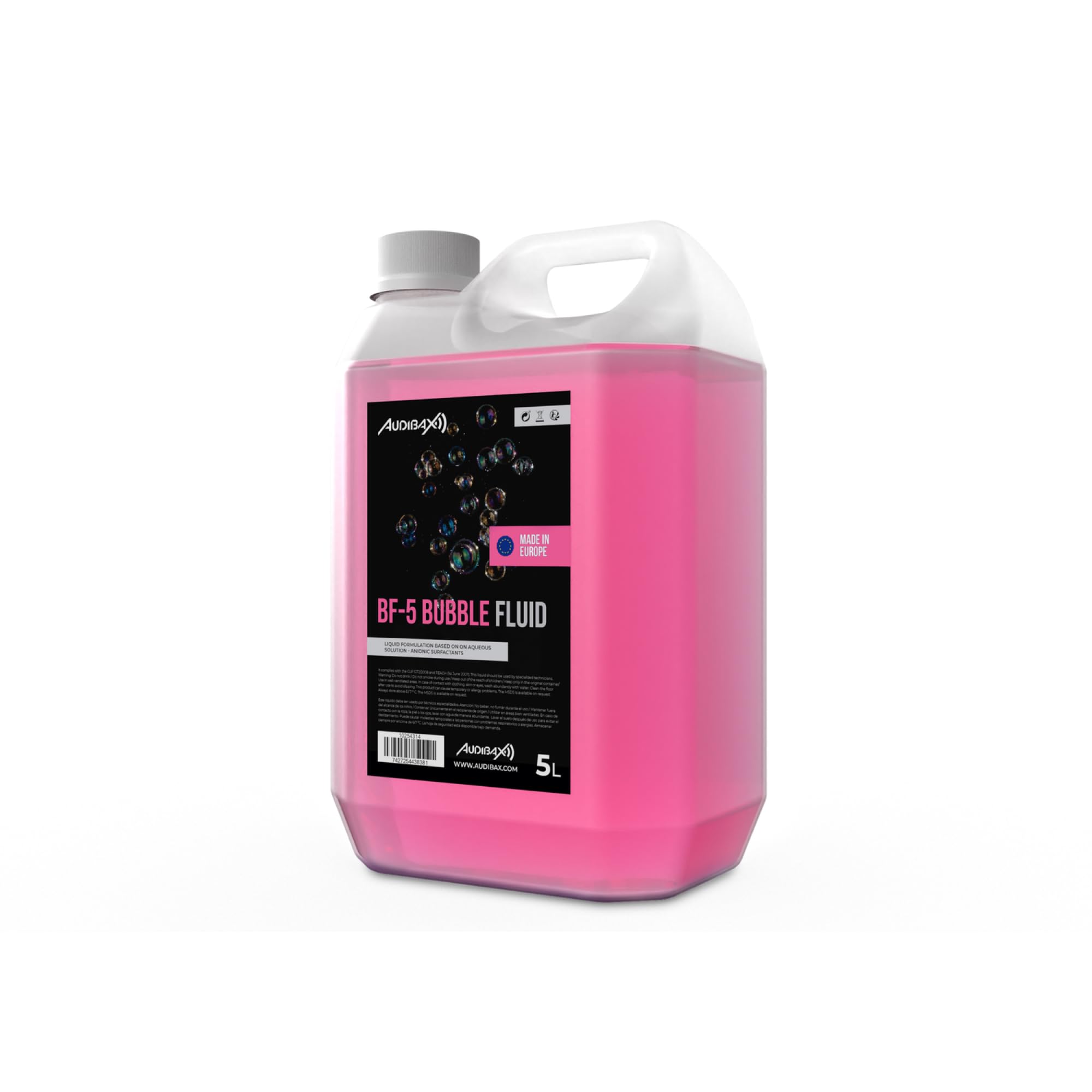 Audibax BF-5 Bubble Fluid - Liquido per Bolle per Macchina per Bolle da 5 Litri - Liquido Naturale - Sicuro per la Respirazione e Senza Sostanze Chimiche Pericolose - Cruelty Free