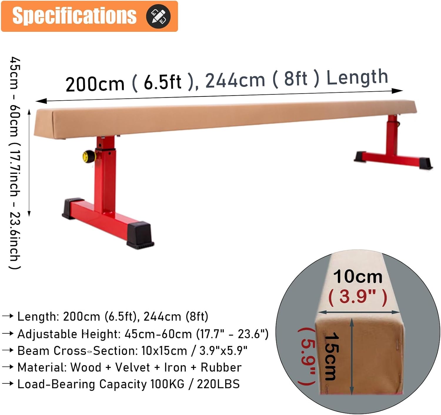 LXLZYXSF 8feet 6.5feet L Balance Beam Adjustable Height, Gymnastic Beam for Kids Teenagers, Gym School Kindergarten Home Sports Equipment, with Anti-Slip Base