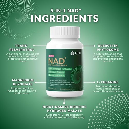 Miniatura 3 de GUI Ribosida de nicotinamida NAD+ 5 en 1 con resveratrol, L-teanina, glicinato de magnesio y fitosoma de quercetina Suplemento para apoyar la