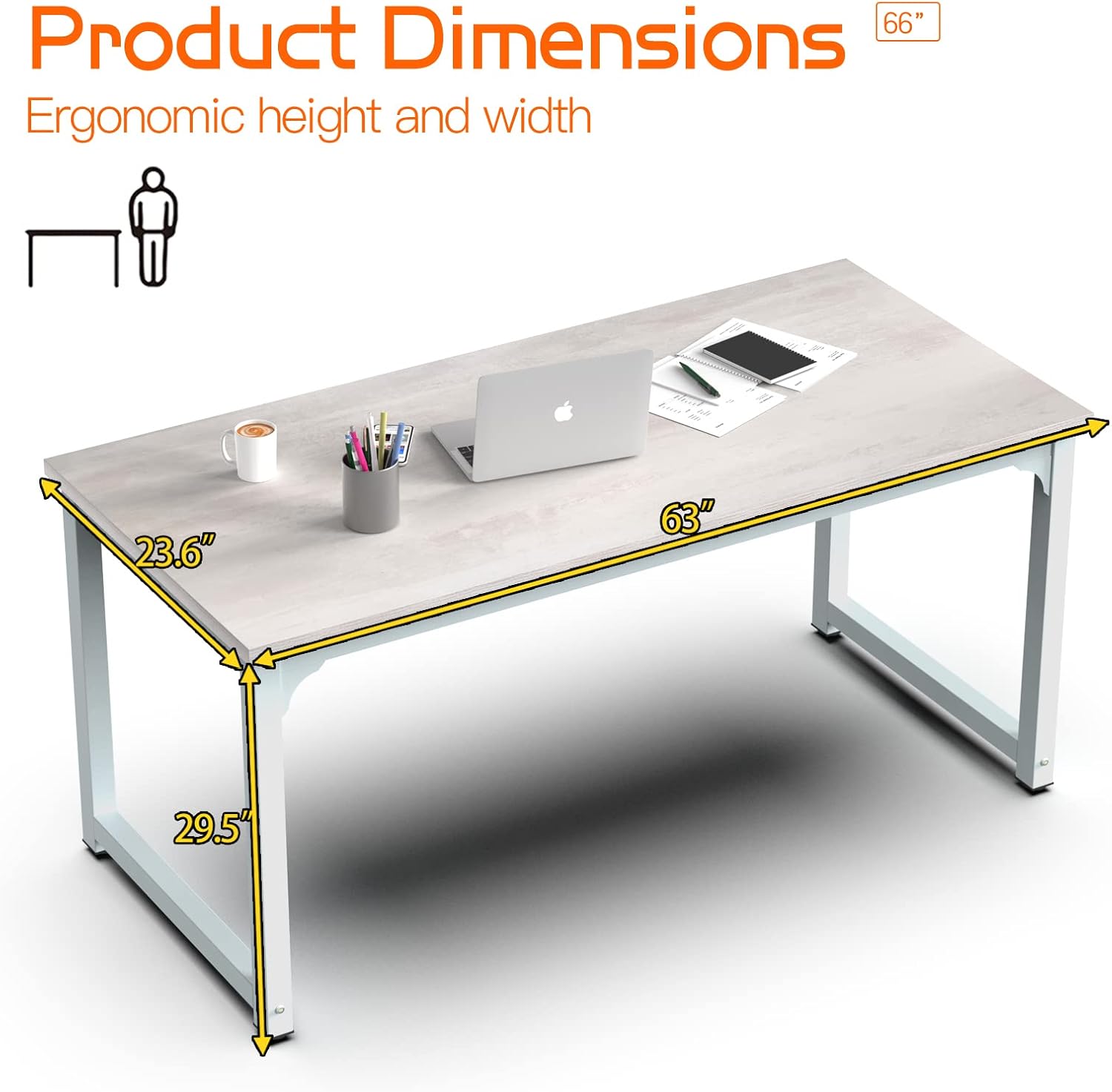NSdirect 63" Large Computer Desk,Modern Simple Style PC Table Office Desk Wide Workstation for Study Writing,Gaming and Home Office,Extra 1" Thicker Wooden Tabletop and Black Metal Frame,Stone White