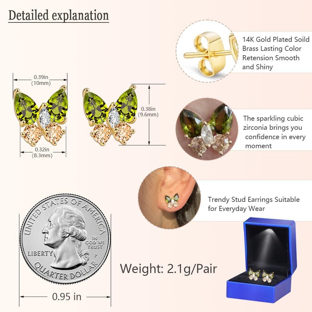 Butterfly Stud Earrings for Women Trendy, Lightweight 14K Gold Plated Cubic Zirconia Green Earrings Studs Jewelry Gifts - Image 3