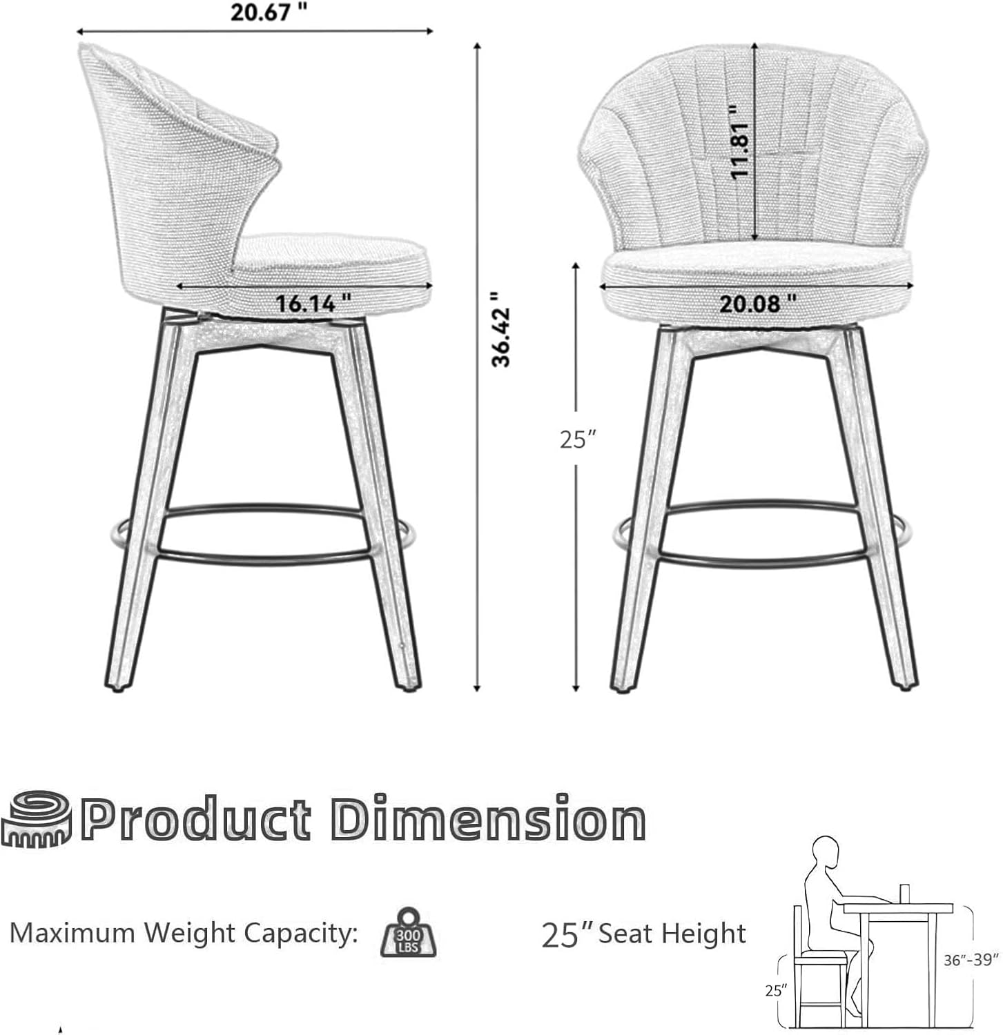 25 Inch Swivel Bar Chairs Set of 2, Mid-Century Modern Bar Stools with Wing Back, Grey Fabric, Black Solid Wood Legs Counter Stools for Kitchen Island, Bar