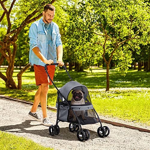 PawHut Faltbarer Hunde-Kinderwagen mit verstellbarem Verdeck, Tasche und 2 Leinen, Oxford-Gewebe und Stahl-Kinderwagen, 82x47x97 cm, Grau und Schwarz