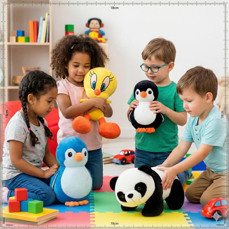 Image of HUG 'n' FEEL SOFT TOYS Cute Soft Toy Combo Pack of 4 - Small Panda, Tweety Bird, Black Penguin & Blue Penguin Plush Toys | Mini Stuffed Animals for Kids, Gift Set for Birthday & Return Gifts