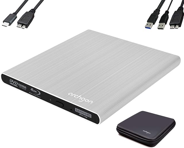 archgon Stream UHD External 4K-Ultra HD BD Player, Blu-ray BDXL Burner for PC USB 3.0 USB-C, M-Disc, Protection Box, Aluminum Silver
