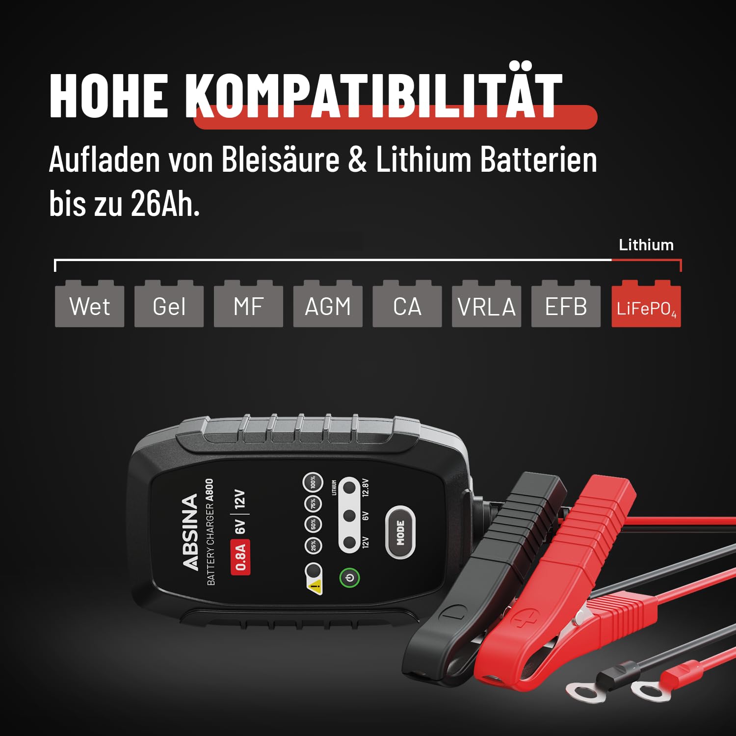 ABSINA Roller & Motorrad Batterieladegerät vollautomatisch mit 800mA - AGM Ladegerät 6V & 12V Blei Batterie bis 26Ah / 12,8V Lithium bis 15Ah - Ladegerät Motorradbatterie mit 3,4m Kabel