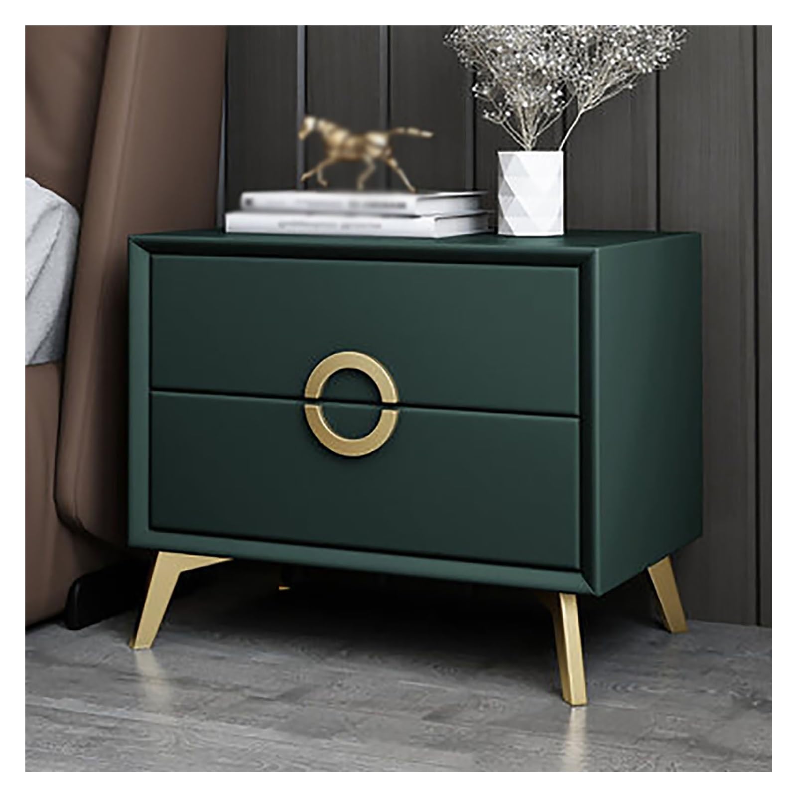 Table de chevet en bois vert avec tiroirs et plateau en cuir microfibre de 50cm