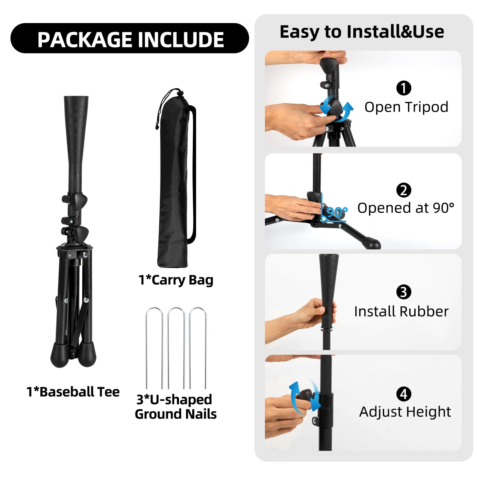 Kids Baseball Tee, 20.87 to 31.29 Inches Batting Tees for Baseball with Carry Bag, Portable Stable Baseball Tees for hitting, Tripod Tanner Tee for Baseball Practice Stand Aged 3-8 Years (Black)