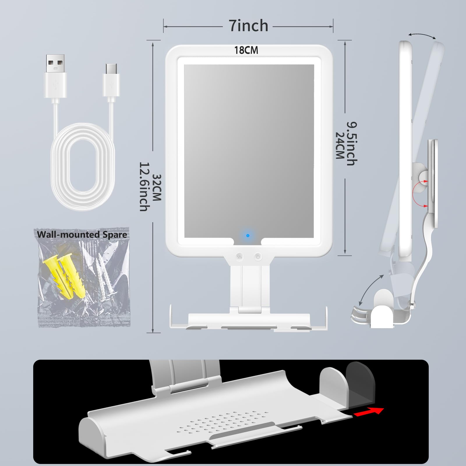 White Heated Fogless Shower Mirror with Dimmable Light
