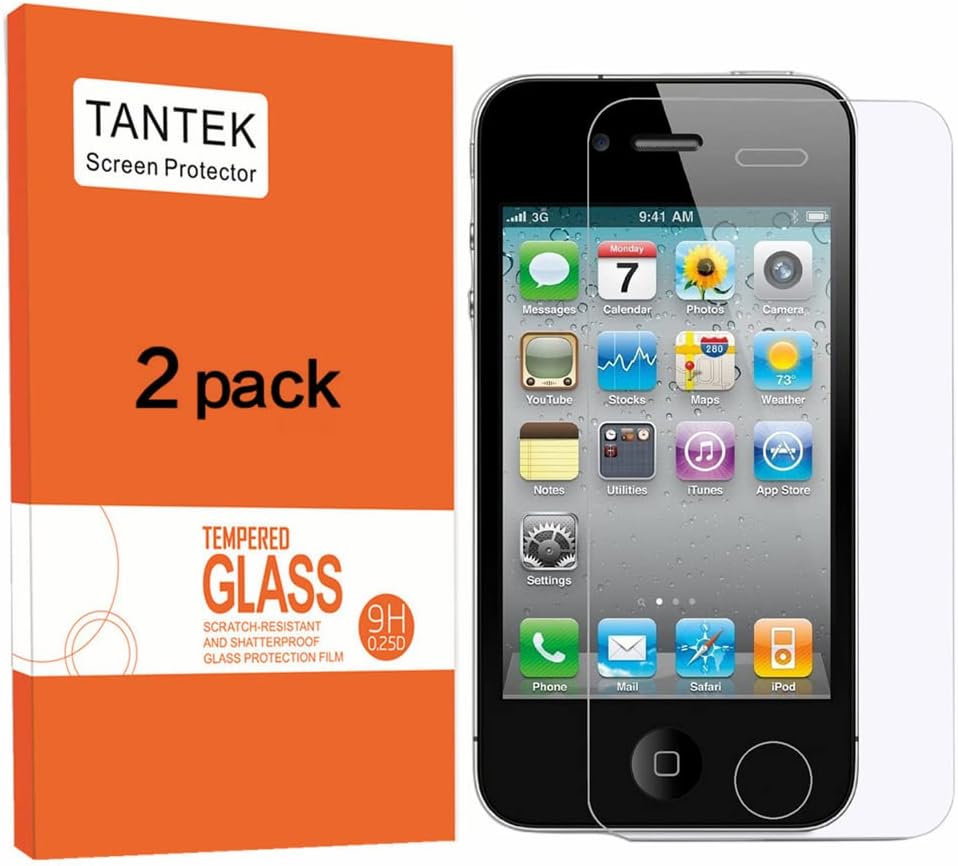 TANTEK Tempered Glass Screen Protector for Apple iPhone 4/4S, Clear, 2 Pack