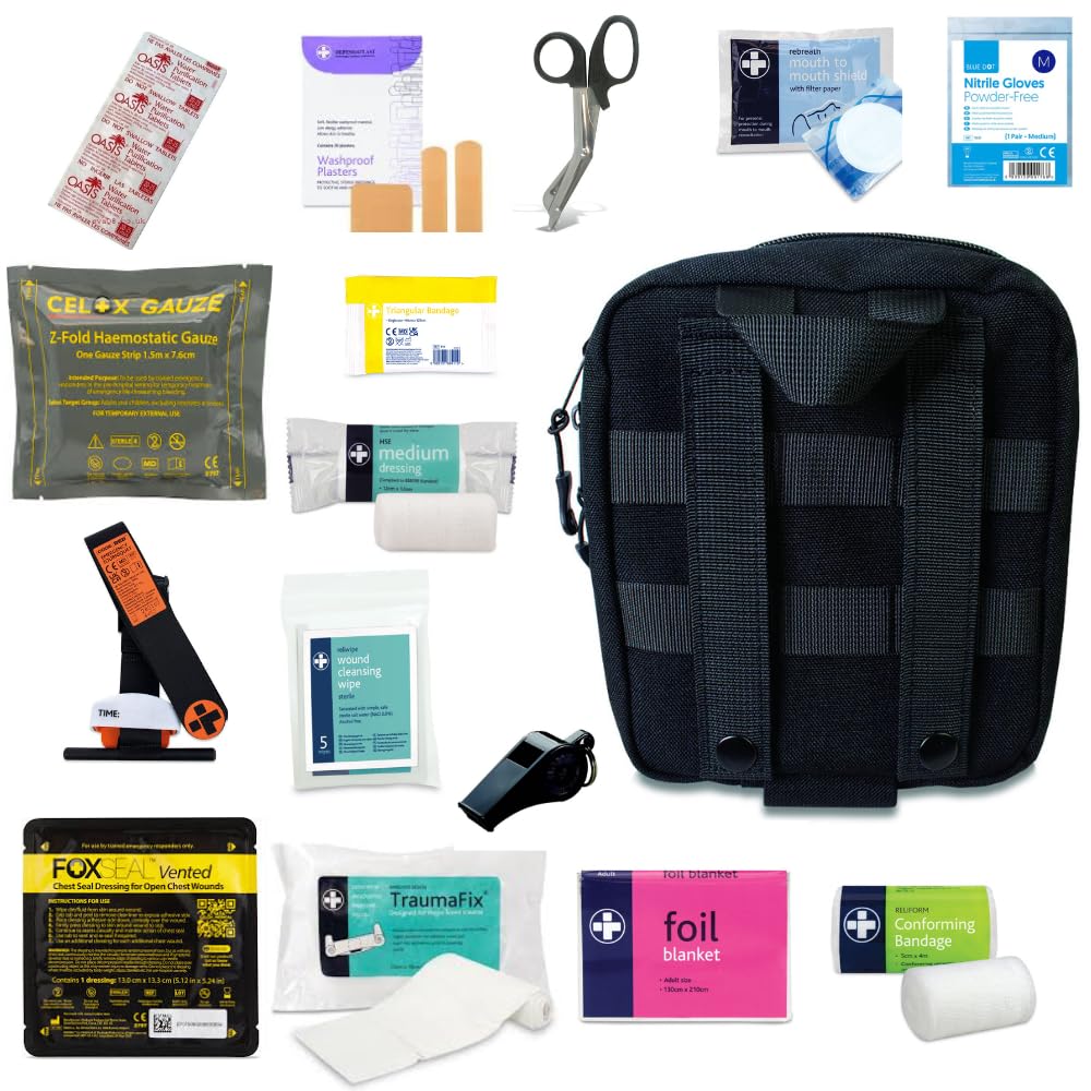 Premium First Aid Kit - IFAk Molle Kit, Camping, Travel, Emergency Serivces Containing Celox, Tourniquet, Chest Seal, Water Purification Tablets (Black)