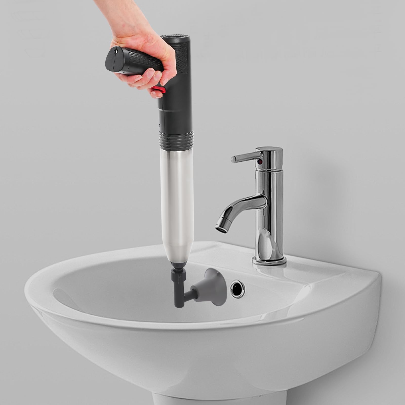Limpiador de tuberías de aire comprimido 1500 mAh para inodoro, con 4 accesorios (negro) | Con manómetro, presión de 1 – 6 kgf/cm², mango ergonómico para desagüe de inodoro, incluye cargador