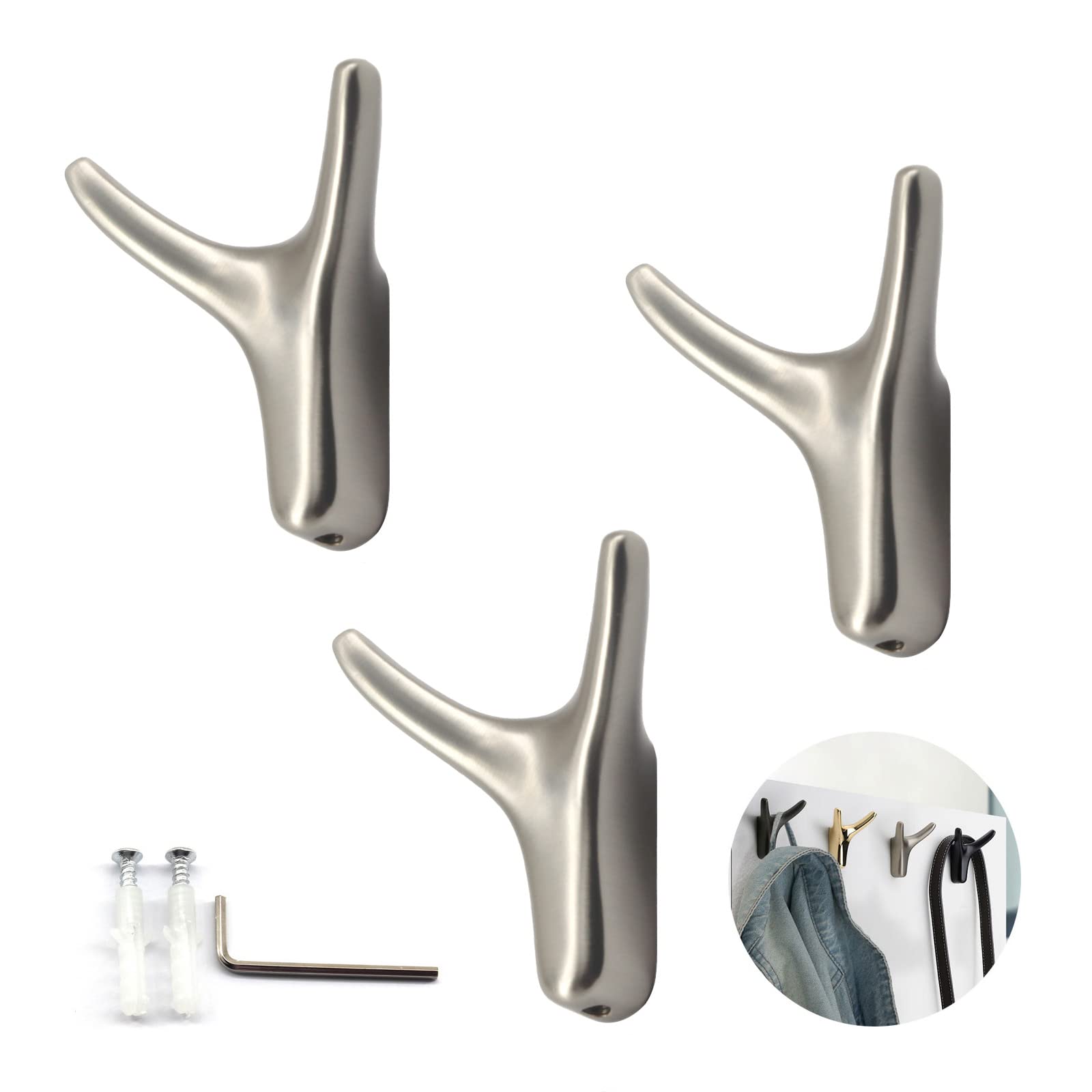 Zerniple Double Prong Robe Hooks Coat Hooks Wall Mounted Zinc Alloy Cloth Hanger with Screws and Hex Wrench (3 Pieces)