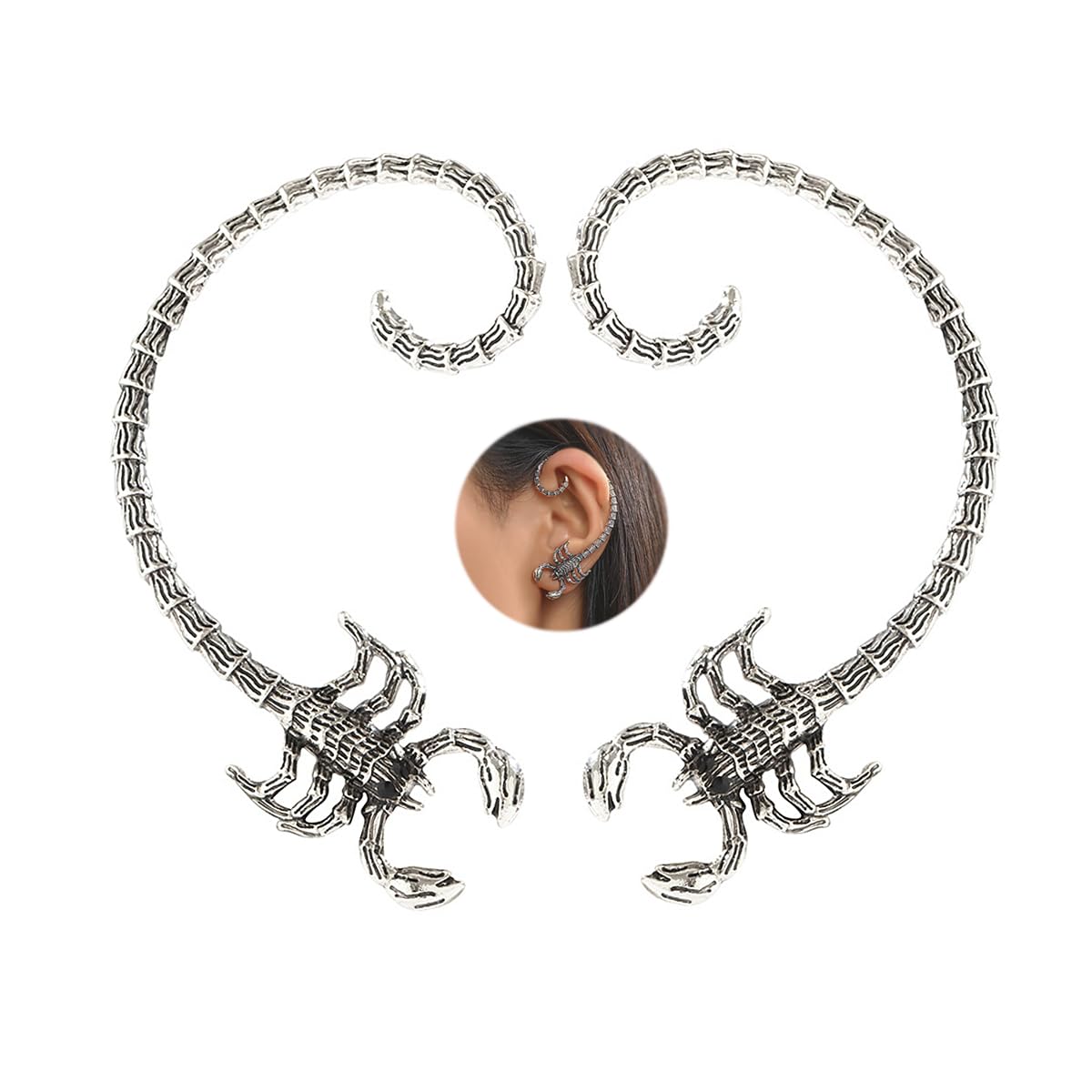 Bethynas2pcs Gothic Silver Piercing Ear Cuffs Punk Scorpion Cartilage Climber Ear Wrap Hip Hop Stud Ear Clips Cosplay Party Ear Jewelry Gift for Women