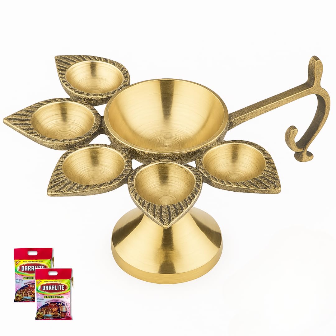 DecorBeats Handmade Brass Five-Wick Aarti Stand with 2 Dhara Powder | Traditional Panchmukhi Design for Puja | Pure Brass Pradip | 1 Piece-image-28