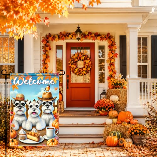Image of BlissYard Fall Garden Flag Schnauzer Dogs Welcome Pumpkin 12x18 Inch Decor | Double sided polyester, fall Schnauzer dogs design, cozy dog lover decor for porch and yard