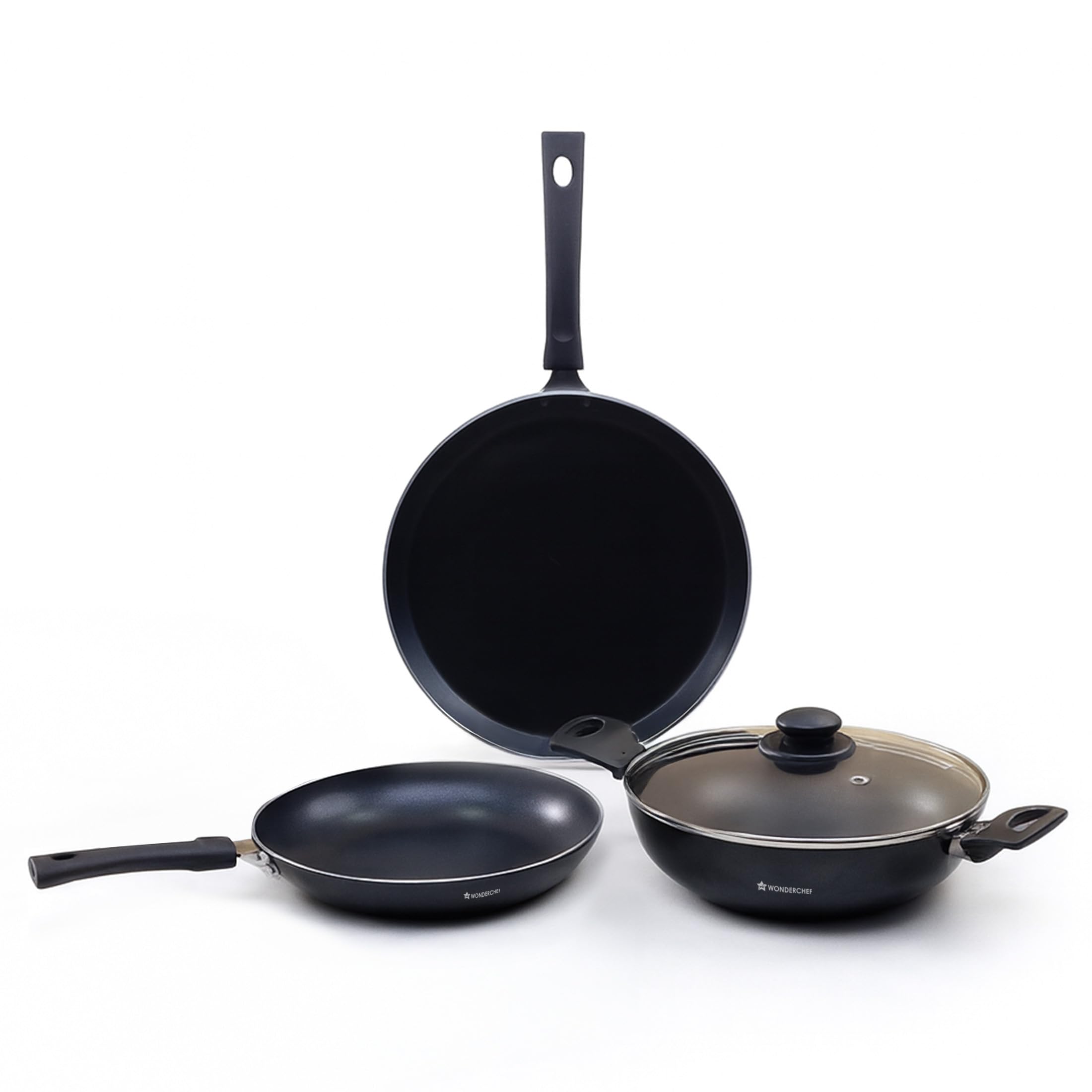 Wonderchef Valencia Non-Stick Cookware 4 Piece Set, Kadhai with Lid, Fry Pan, Dosa Tawa, Induction Friendly Design, Pure Grade Aluminium, PFOA Free, Black