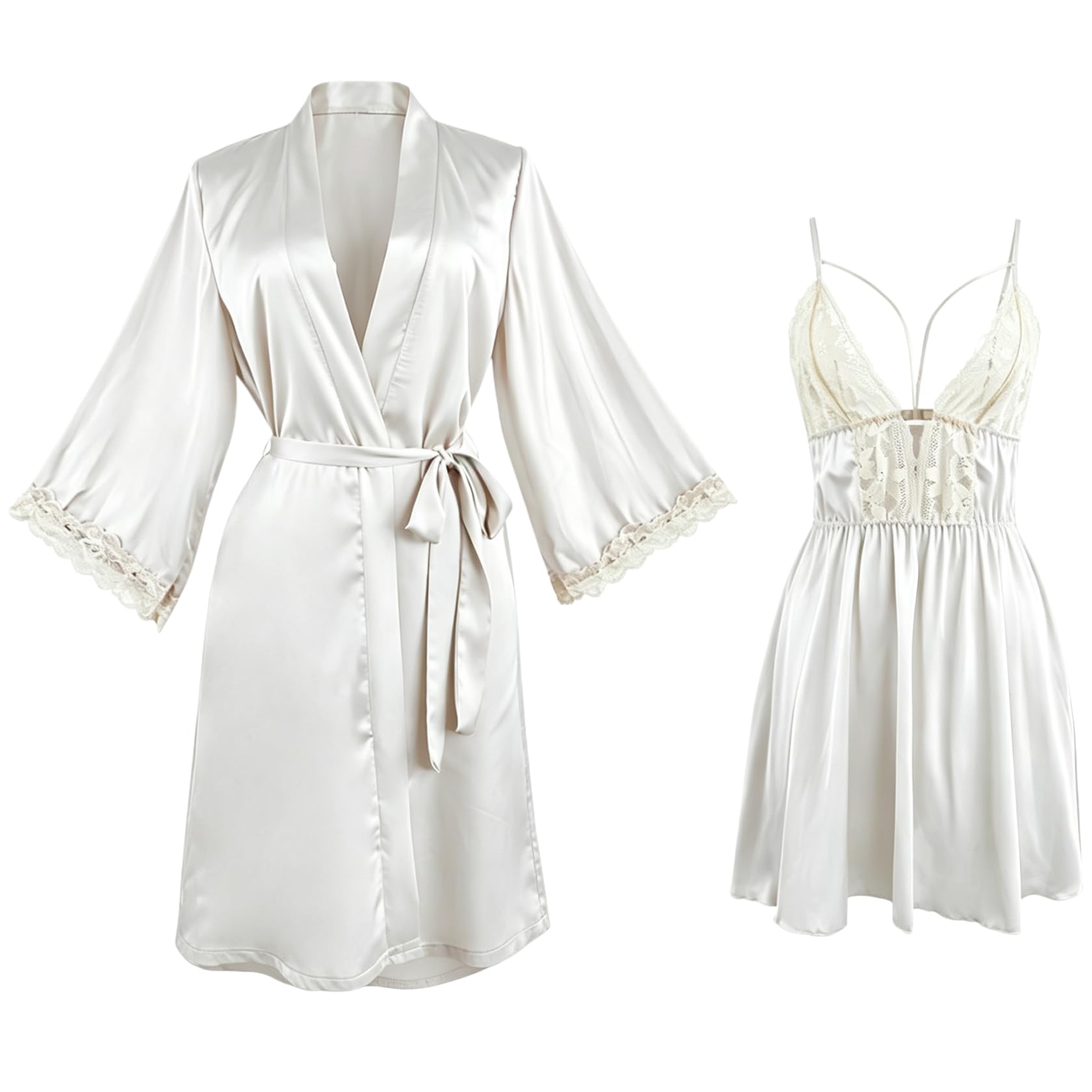 Robe De Chambre Ensemble Nuisette/Robe De Chambre Sexy en Satin Et Dentelle pour Femme