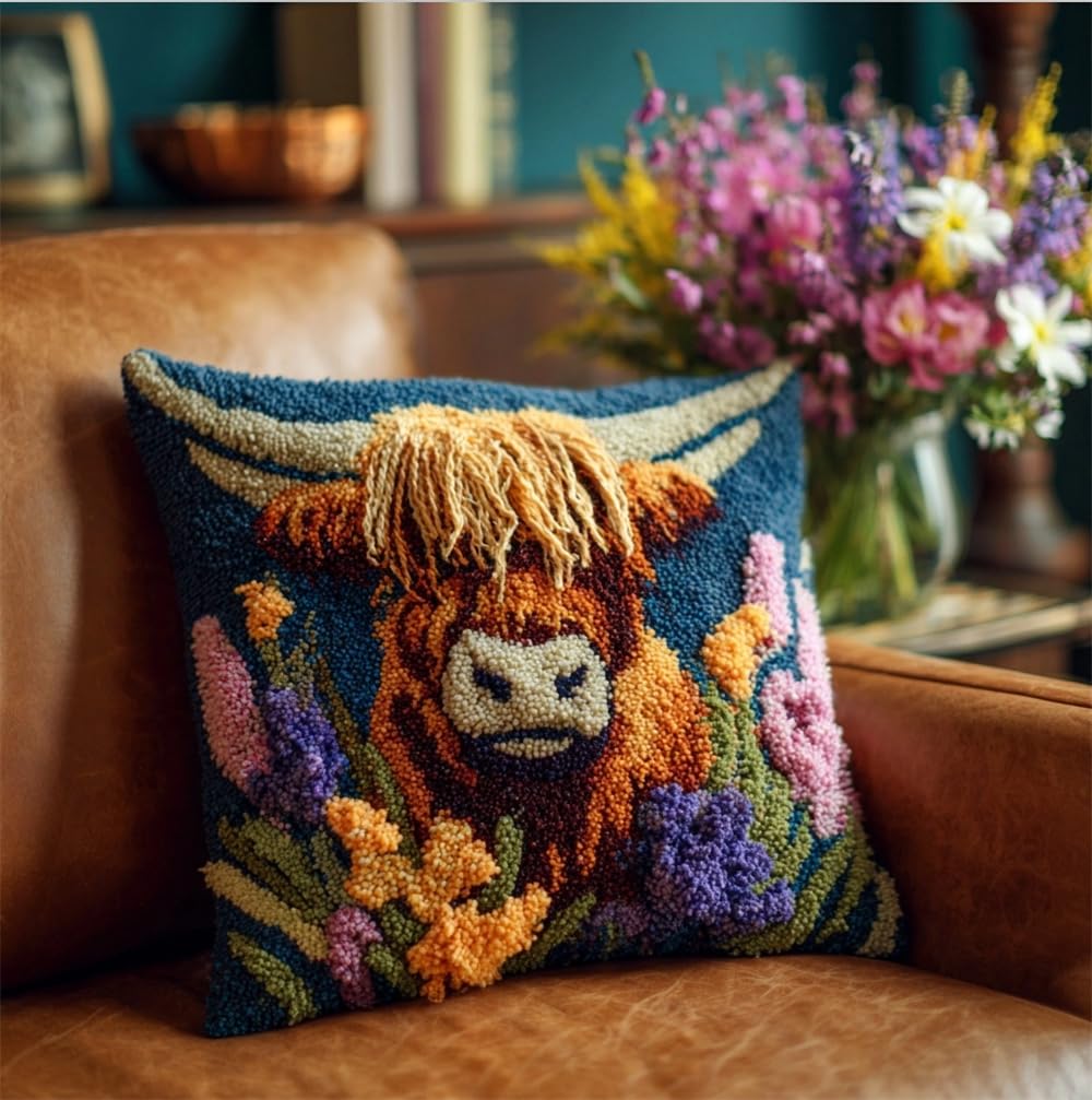 kitphoenix Latch Hook Cushion Kits for Adults Beginners Highland Cow and F