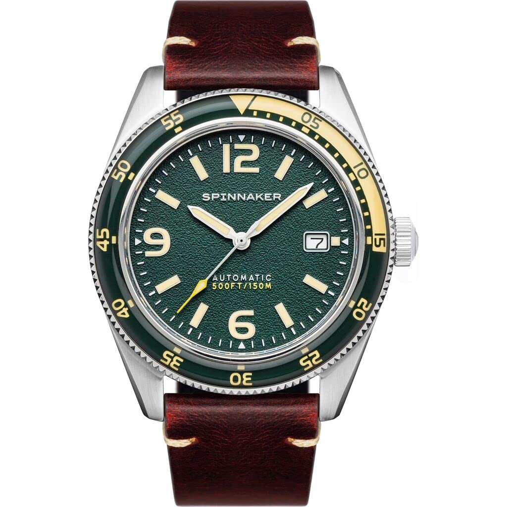 Spinnaker Fleuss Men’s Watch - Automatic Dive Watch for Men, 43mm Stainless Steel Case, Brown Leather Strap, Water Resistant 150m, SP-5055-0C - Lagoon Green