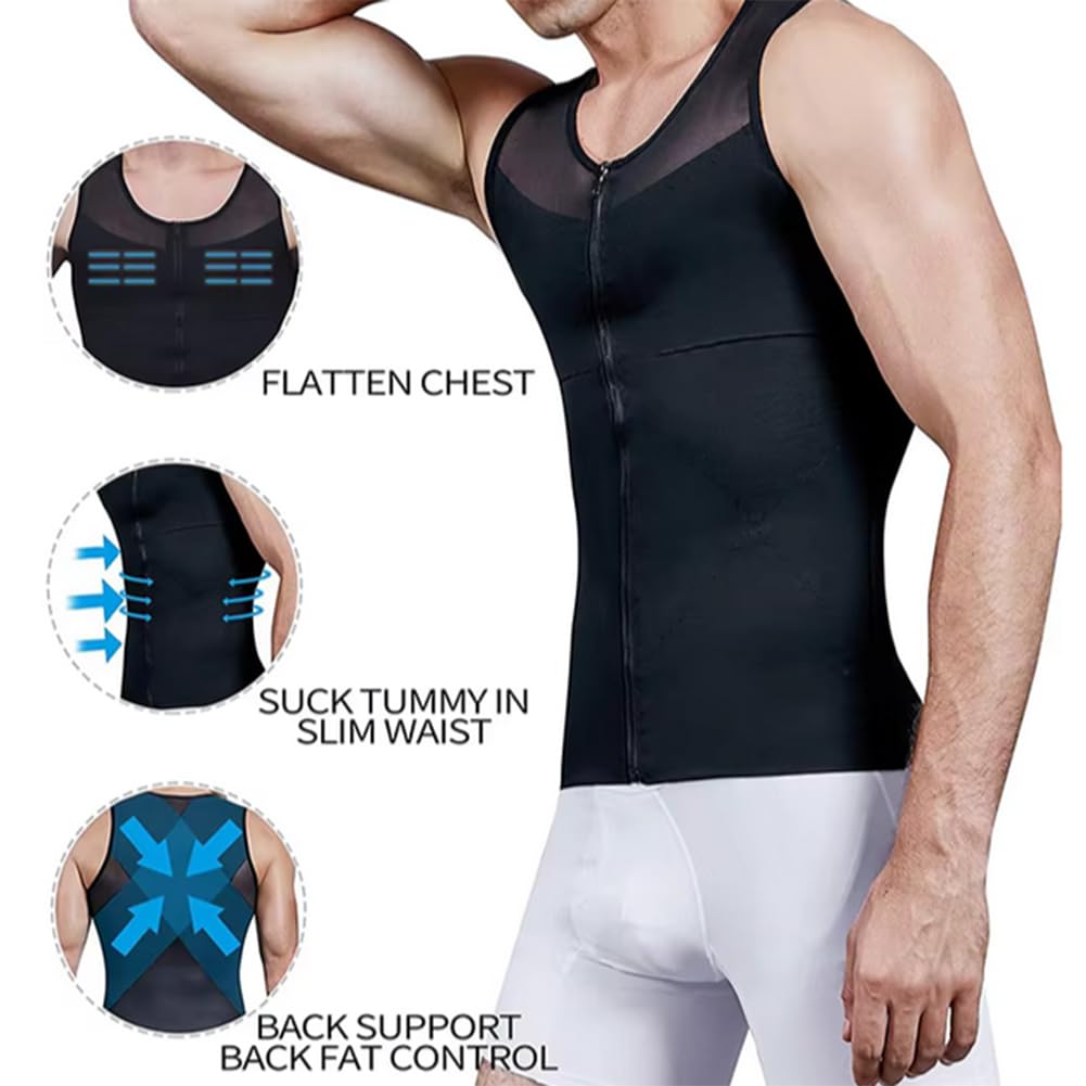 Canotta Dimagrante con Cerniera Frontale, Canotta per Compressione Toracica da Uomo, Gilet per ginecomastia(Nero-Piccolo