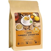 FullChea - Turmeric Ginger Tea Bags, 50 Count Dried Herbal Blend | Pure turmeric ginger herbal tea with natural plant antioxidants, Non-GMO caffeine-free, easy to brew hot daily