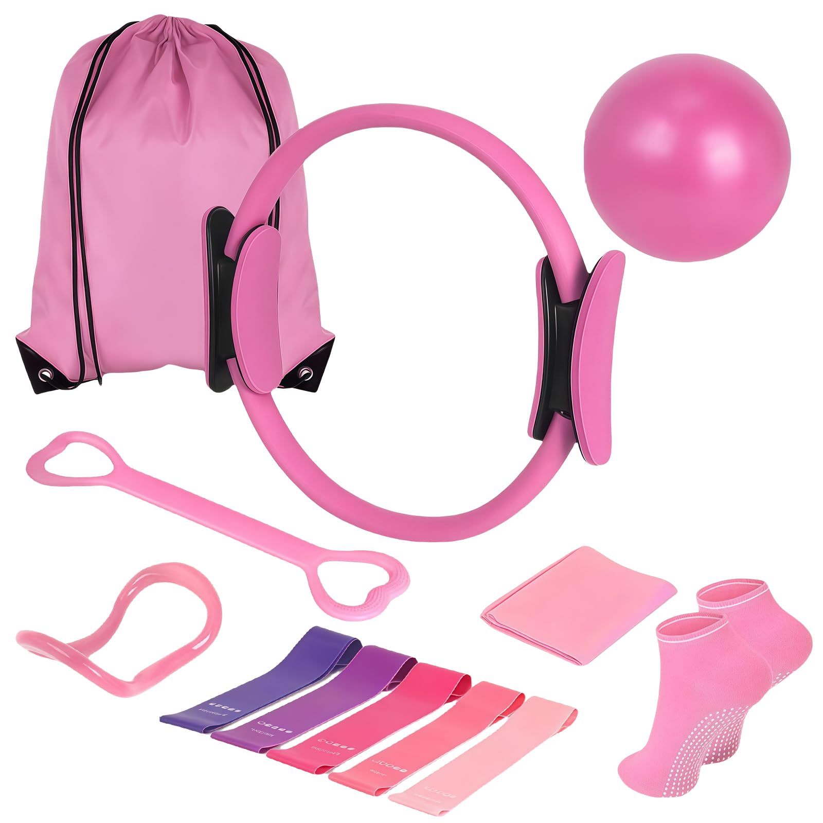 Leikurvo Kit de Pilates Essential de 13 pièces pour femme avec balle de Pilates, bandes de résistance, chaussettes, anneau de Pilates et accessoires pour étirement et fitness (rose)