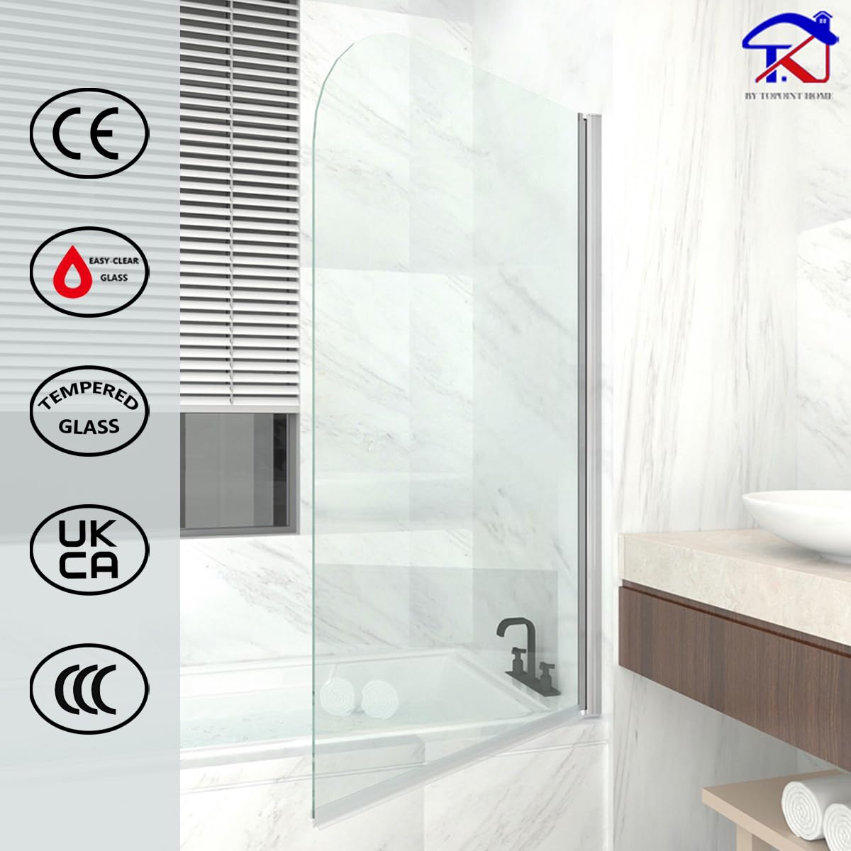 T&K Schermo Doccia 900x1400mm Pannello Porta Girevole per Vasca da Bagno, Bordo Tondo Cromato, Vetro Temperato da 5mm, Doppio Lato, Facile da Pulire, Porta Doccia da Bagno