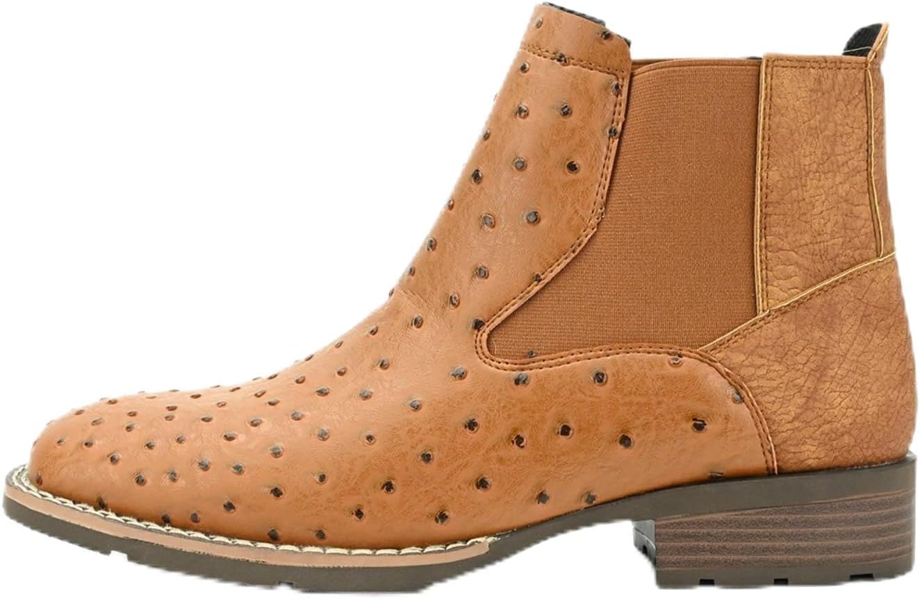 Men's Ostrich Pattern Leather Pull-On Chelsea Classic Round Toe Block Heel Elastic Comfortable Breathable Casual Ankle Boots Daily Work Walking Driving Activities Party Wedding