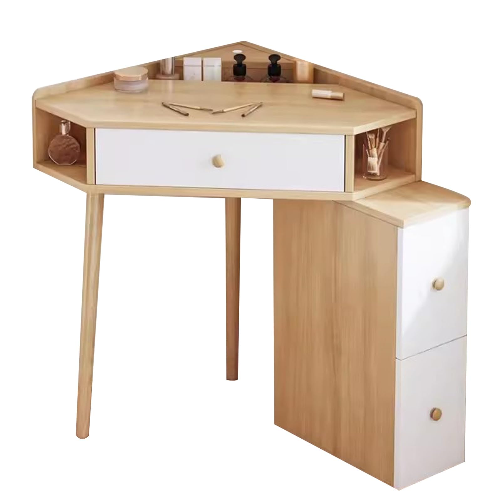 asdchZen Walnut Corner Triangle Makeup Table For Small Spaces, Stylish Computer Desk With Storage Shelves, Perfect For Home Office & Beauty Essentials,Maple