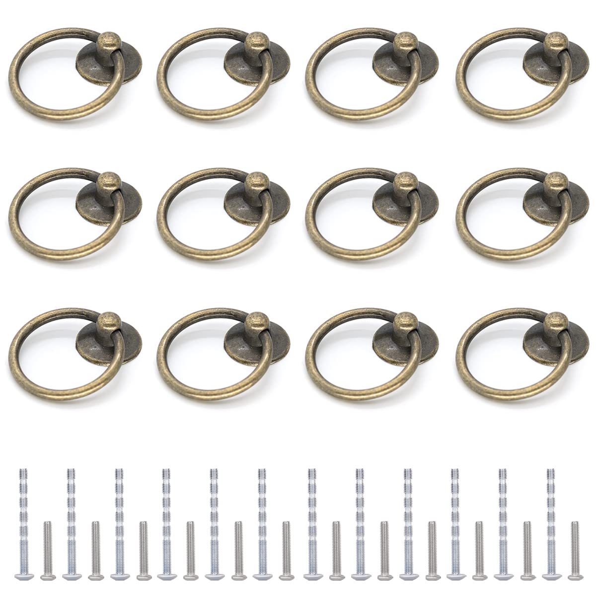 12pcs Antique Brass Ring Drawer Pulls, Vintage Cabinet Ring Handles, Metal Drawer Knobs for Dresser Drawers Cupboards