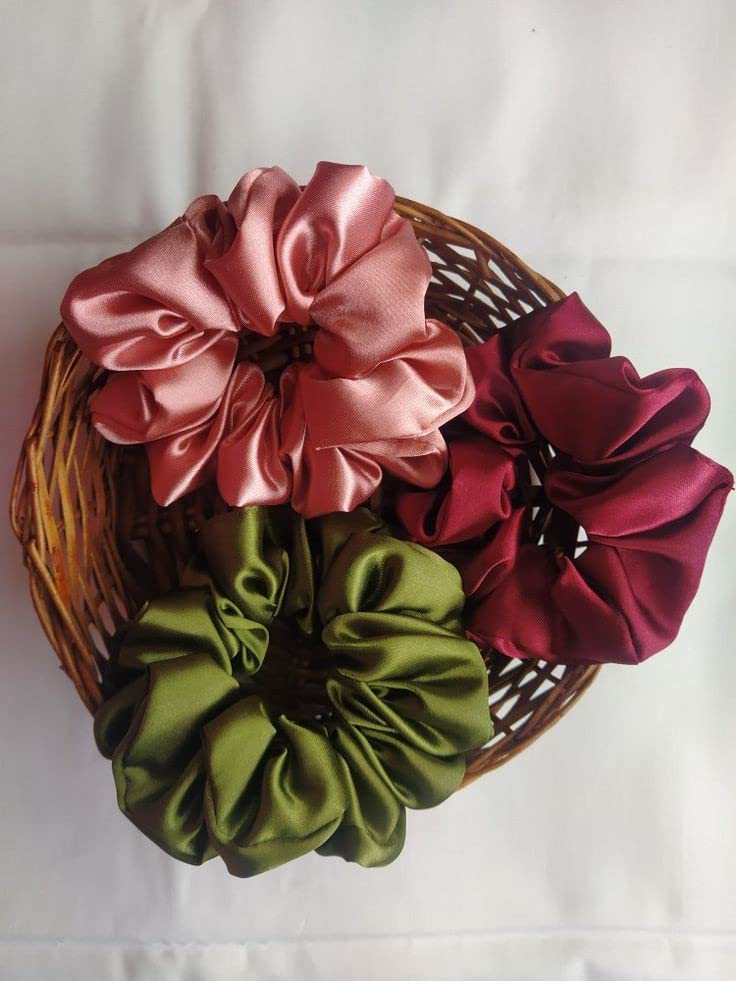 Image of Atrube's Silk Satin Scrunchies Pack of 3 Multicolor Silk Scrunchy Set for Hairs, Perfect Hair Band, Ponytail and Hair Ties Accessories for Girls, Women and Kids