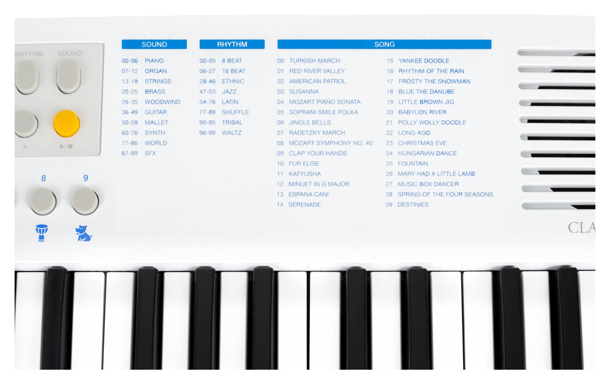 Classic Cantabile MINI-37 Keyboard - 37 Mini-Tasten - Stromversorgung über USB-C oder Batterien - 100 Sounds und Rhythmen - USB-MIDI - Lautsprecher und Kopfhörerausgang - weiß-blau