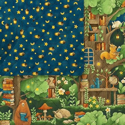 Double-Face Quilted Reversible Forest Fables Woodland Animals Books with Stars and Lanterns Reverse 42