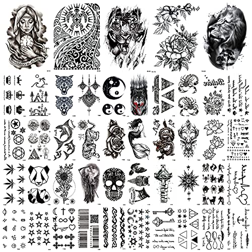Zayvor 45Sheets Temporary Tattoos For Women Men,3D Waterproof Tiny Black Handrawn Tattoos,Fake Body Face Arm Chest Shoulder Foot Tattoos, Skull Tribal Maori Tiger Lion Realistic Temp Tattoo Sticker Set #TOP24