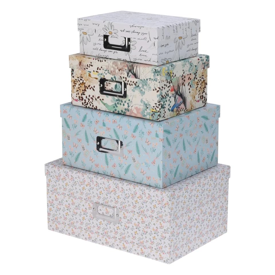 URBNLIVING Set of 4 Floral Decorative Storage Boxes with Lids Large Nesting Keepsake Gift Boxes for Home Organisation Memory Storage Craft Supplies Photos & Bedroom Décor