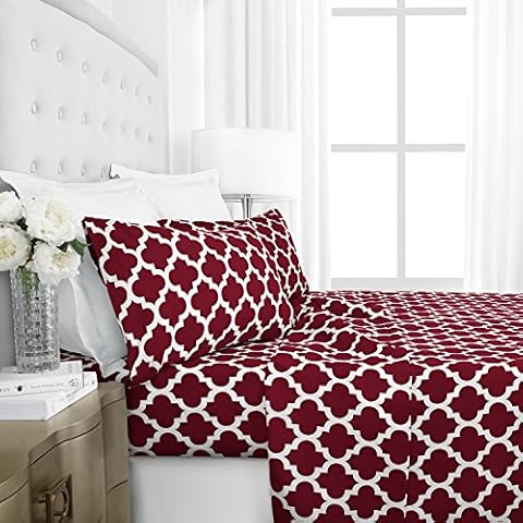 Italian Luxury 1800 Series Hotel Collection Quatrefoil Pattern Bed Sheet Set - Deep Pockets, Wrinkle and Fade Resistant, Hypoallergenic Printed Sheet and Pillow Case Set - Queen - Burgundy Cover