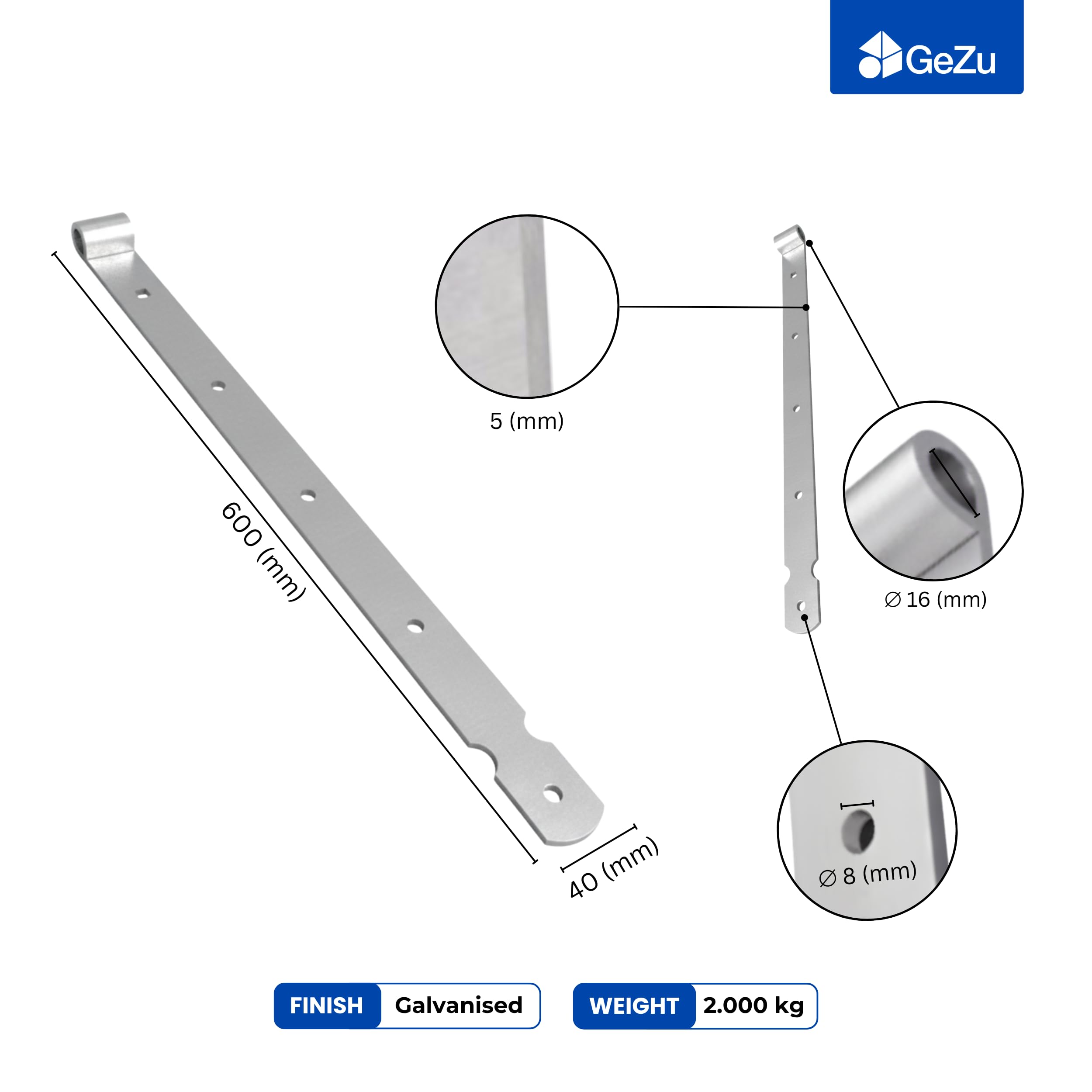 GEZU IMPEX Bisagra de Puerta 600 mm Electrogalvanizada Set de 6 Bisagras de Correa de Alta Resistencia con Bandas de Gancho