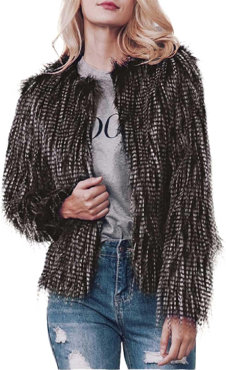 Jeweky faux fur coat long sleeve shaggy jacket cropped fluffy coa…