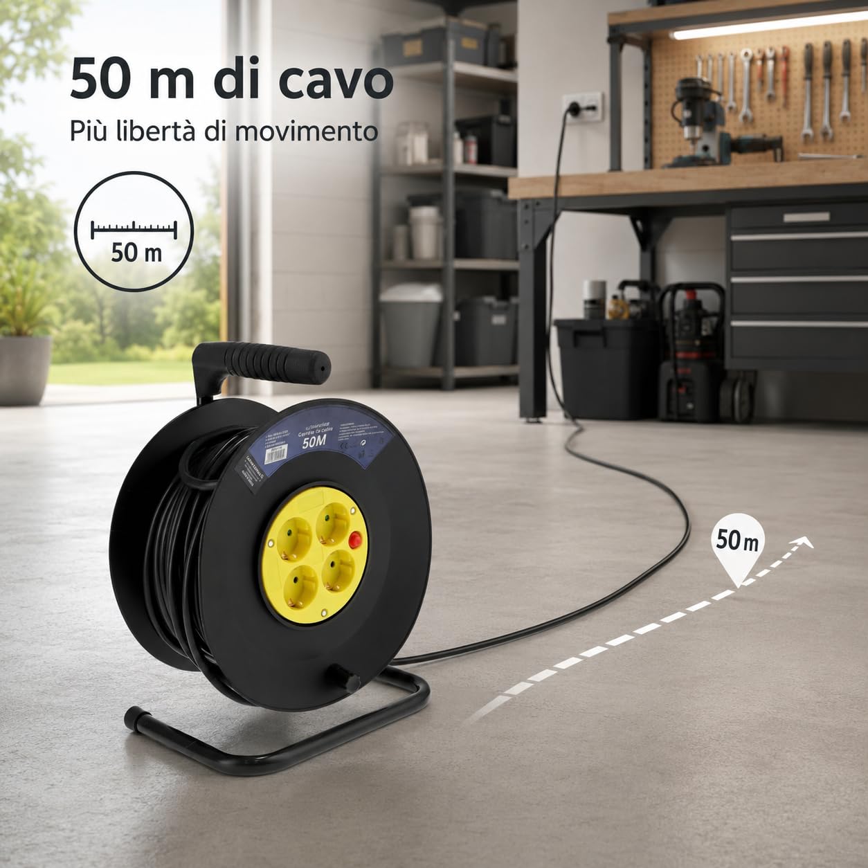 M mimotec - Avvolgicavo da Esterno 50m 4 Prese 3200W 16A, Cavo H05VV-F 3G1,5mm², Protezione Bambini, Prolunga Elettrica per Giardino, Garage e Officina