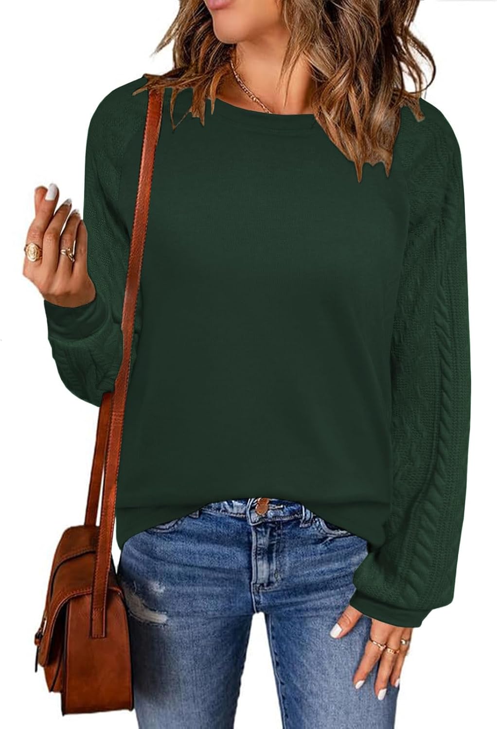 Long Sleeve Shirts for Women Casual Crewneck Cute Cable Knit Sleeve Tops Fashion 2024 Lightweight Pullover Sweatshirt - Image 2