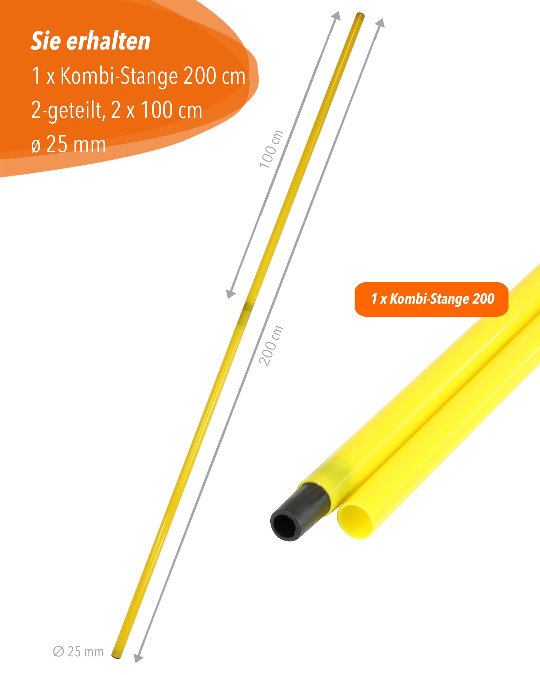 Kombi-Stange 200 cm – 2-geteilt – 2 x 100 cm – ø 25 mm – für den Aufbau von Hürden- & Slalom-Parcours – für Fußball, Leichtathletik & Hundesport